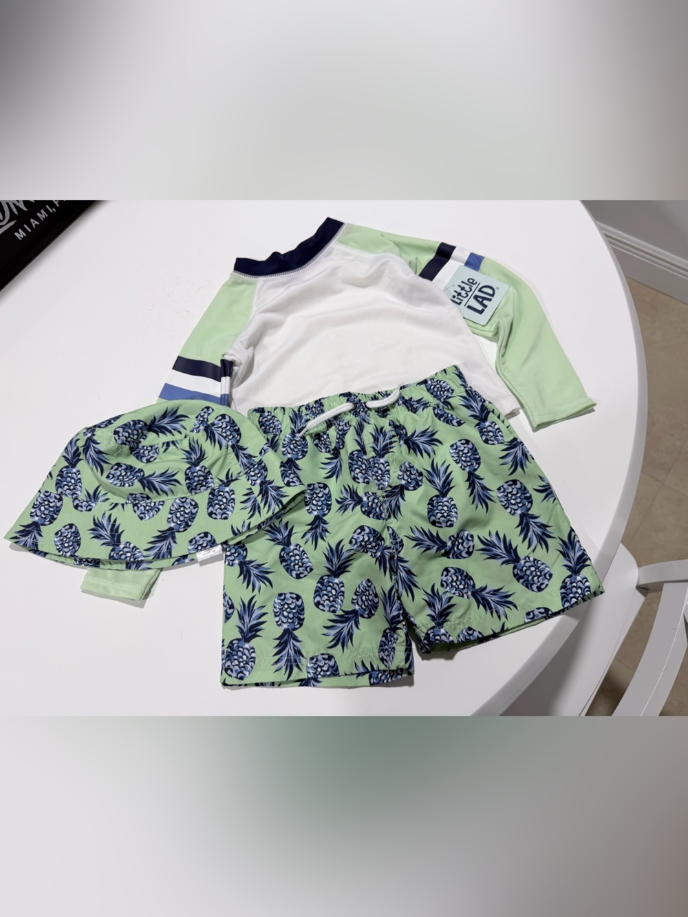 Pineapple Print kids Summer swim trunk, swim long sleeve shirt and bucket hat 3T